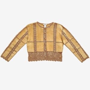 Crochet-Trim Suede Button Cardigan - Mustard yellow. Size S